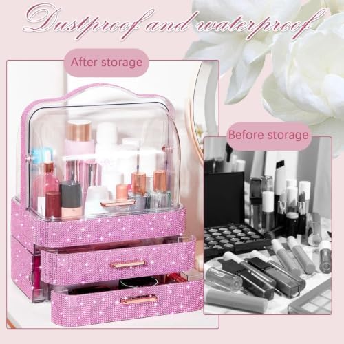 Honeydak Rhinestone Makeup Organizer with 2 Drawers Lid, Pink, Rhinestone