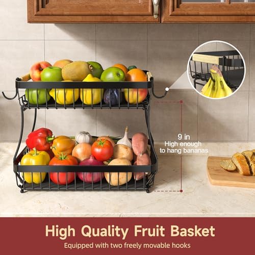 Sevenblue 3-Tier Fruit Basket with Banana Hangers, Detachable Metal Bowl
