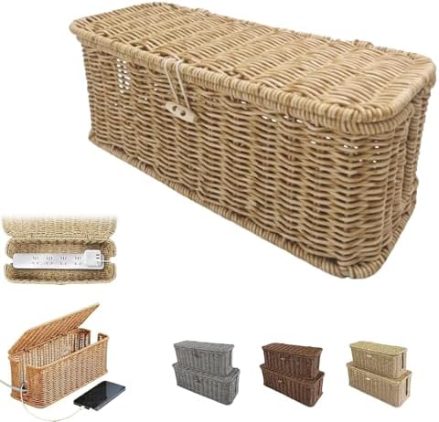 Handwoven Rattan Cable Management Box, Basket to Hide Cords, Container for Tv Wire, Computer, Router, USB Hub (Beige, M：