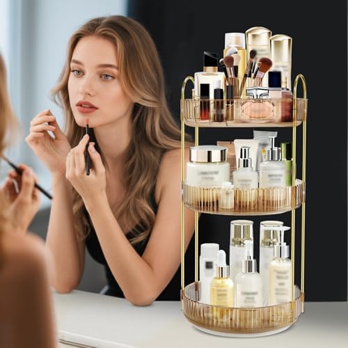 360 Rotating Makeup Organizer for Vanity,3 Tier Large Capacity Skincare Organizers,Bathroom Counter Organizer, transpare