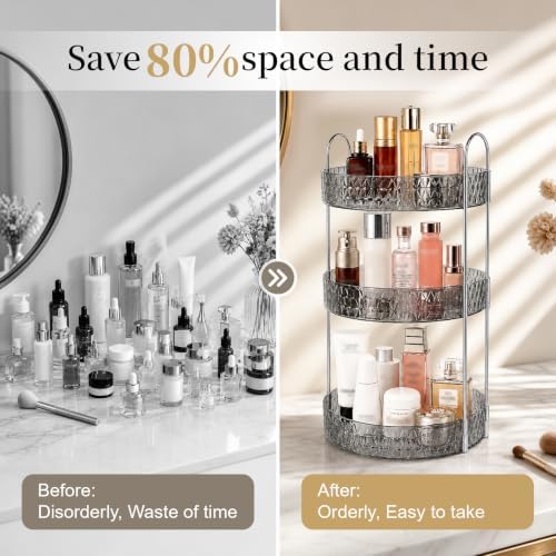 Large Capacity Rotating Makeup Organizer Perfume Stand Holder, 3 Tier Gray