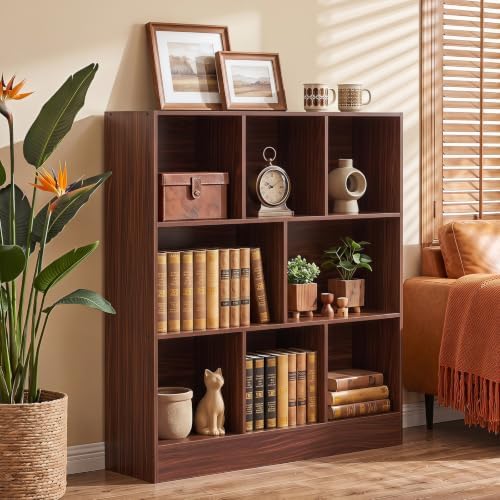 YAHARBO 3 Tier 8 Cube Horizontal Bookshelf,Low Bookcase with Sleves,Walnut