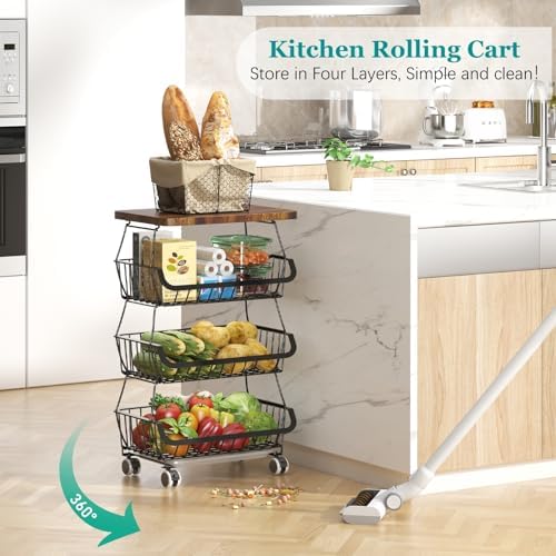 CHLORYARD Fruit Basket with Wooden Lid for Kitchen, 4-Tier Stackable Wire Fruit Vegetable Storage Basket Organizer Stand