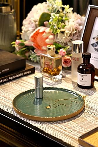 Vanity Tray with Brown Trim - Candle & Perfume Holder Organizer - Round, Green, 8"8" - Home Decor for Dresser, Table, Ba