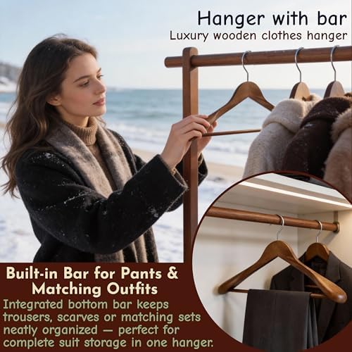 Luxury Wide Shoulder Wooden Suit Hangers with Pants Bar, Classic Solid Wood Jacket Clothes Hangers Smooth Finish for Sweater Dress Pants Sport Coats (Dark Brown, 6 Pack)