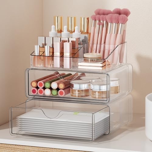 Bathroom Counter Organizer Clear - 3Pcs Stackable Makeup Countertop Organizer for Vanity - Multi-Purpose Skin Care Lipst
