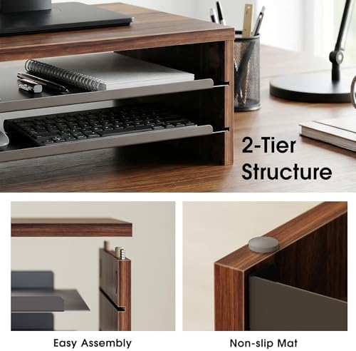 Fenge 14.3-Inch Monitor Stand with Slide-Out Trays, Wood & Metal Desk Shelf