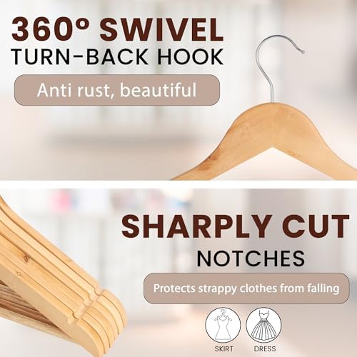 Wooden Hangers Premium Natural Bamboo Wood Hanger Well Polished Ergonomic Design & Sharply Cut Notches with Swivel Hook 