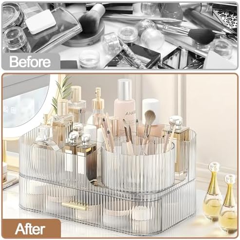 DASITON Makeup Organizer with Drawers and Rotating Makeup Brush Holder,Large Capacity Stackable Cosmetic Organizer Count