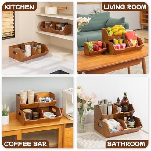 Aquzee Wooden Pantry Storage Bins, Stackable Kitchen Organizer for Produce