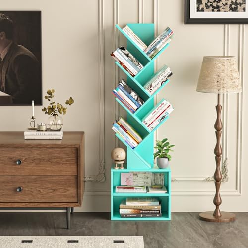 SHEEPAM 10-Tier Tree Bookshelf Floor Standing Narrow Space Storage Bookcase