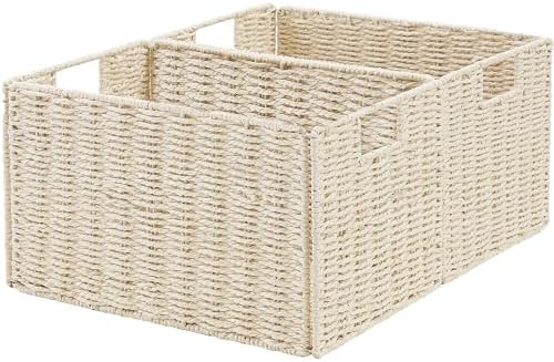 Vagusicc Wicker Storage Basket, Set of 2 Hand-Woven Paper Rope Wicker Basket, Small Storage Baskets for Organizing Toile