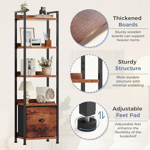 DUMOS 5 Tier Bookshelf with Fabric Drawer, Display Standing Shelf, Brown