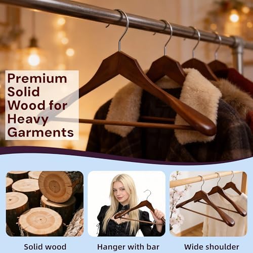 Luxury Wide Shoulder Wooden Suit Hangers with Pants Bar, Solid Wood Jacket Clothes Hangers Smooth Finish for Sweater Dress Pants Sport Coats (Dark Brown, 6 Pack)