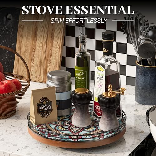 10.2-Inch Boho Lazy Susan with Oak Base and 3D Textured Ceramic Tile
