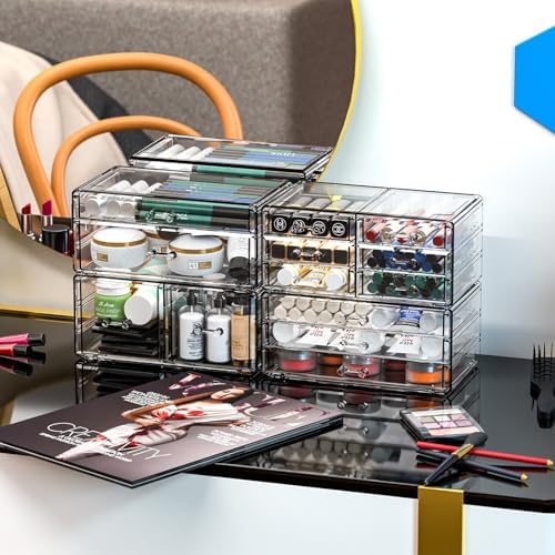 Cq acrylic 4 Pack Clear Acrylic Drawer Organizer Countertop,Stackable 13 Drawers Makeup Storage, Cube Make up Organizer 
