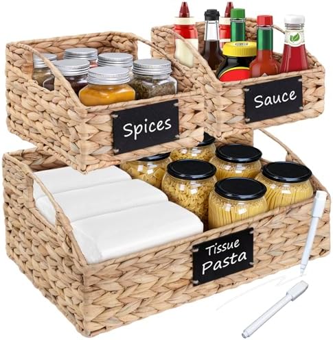 Hand-Woven Pantry Baskets for Organizing, Large Wicker Storage Baskets for Shelves with Labels, 2 Chalk Markers & Handle