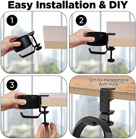 OOKUU 2 in 1 Desk Cup Holder with Headphone Hanger, Anti-Spill Cup Holder for Desk or Table, Easy to Install, Sturdy and Durable, Enough to Hold Coffee Mups, Water Bottles, Headphones (Pack of 2)