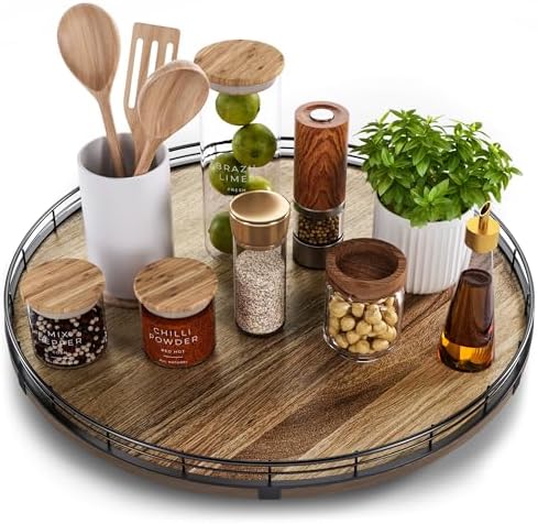Acacia Wood 18" Lazy Susan Turntable Organizer for Table Top, Farmhouse Large Round Lazy Susan for Cabinet Kitchen Cente