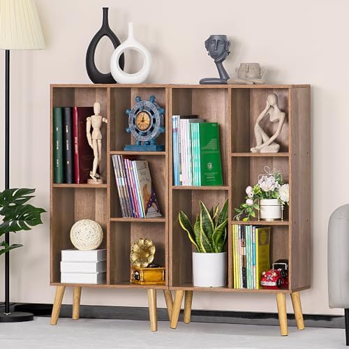 LEYAOYAO 5 Cube Bookshelf, Mid-Century Modern Book Shelf with Legs, Oak