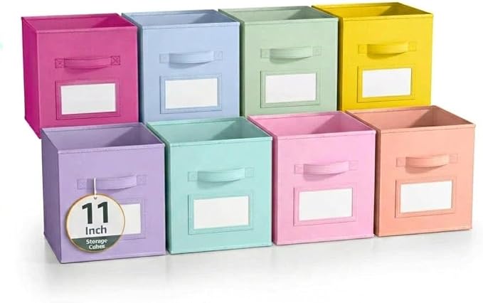 Lourome 11 Inch Cube Storage Bin with Label Window,8 Pack 8-Color Collapsible Storage Bins for Closet Organizers and Storage, Fabric Foldable Storage Cubes for Kids Room & Shelves