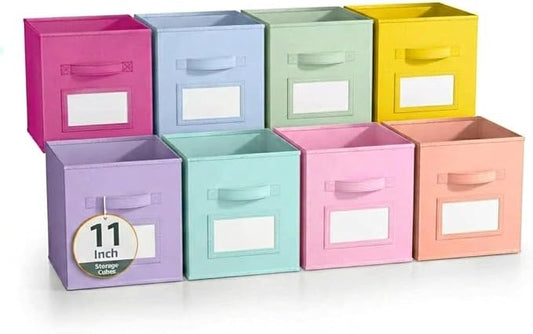 Lourome 11 Inch Cube Storage Bin with Label Window,8 Pack 8-Color Collapsible Storage Bins for Closet Organizers and Storage, Fabric Foldable Storage Cubes for Kids Room & Shelves