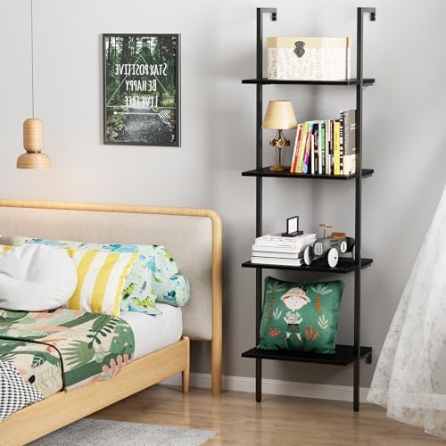 Ladder Shelf 4 Tiers Metal Industrial Bookshelf,Black Wooden Tall Open Storage Rack and Display Shelves,Wall Mount Wide 