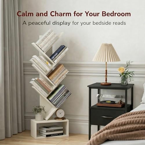 XBurmo 6 Tier Tree Bookshelf - Small Bookcase, Compact Book Tower with Drawer, Corner Bookshelf for Bedroom, Living Room
