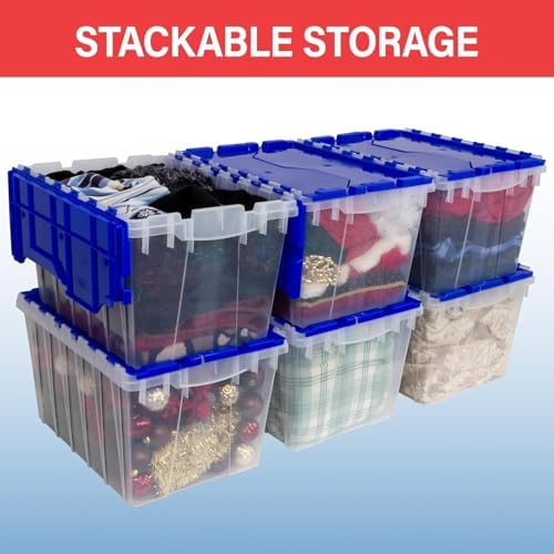 Akro-Mils KeepBox 12 Gal Storage Box, Lid Attached, Stackable, Clear/Blue