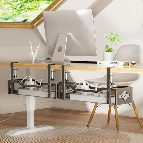 Litwaro Under Desk Cable Management Tray 2 Pack, No Drill, Organizer with Clamp Easy to Install for Standing Cord Organi