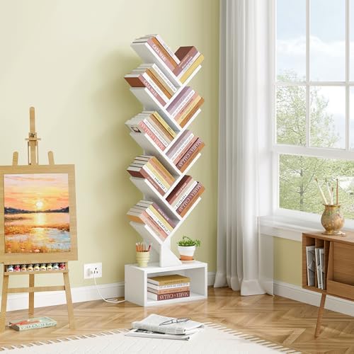 Hoctieon 9 Tier Tree Bookshelf, Tall Bookcase, Freestanding Book Shelf with LED Lights, Display Floor Standing Storage S