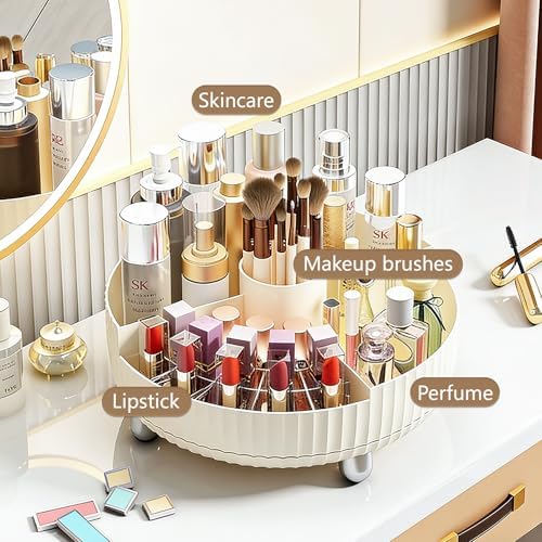 360 Rotating Makeup Perfume Organizer Skincare with Divider, Large Beige