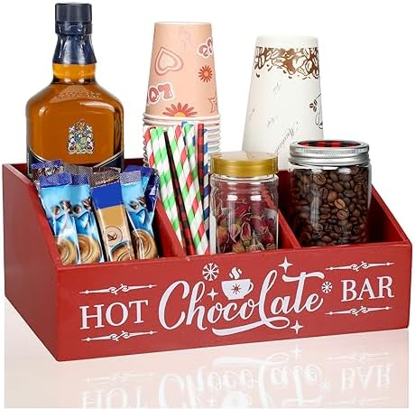 Barydat Christmas Hot Cocoa Bar Wood Coffee Station Organizer Countertop with 4 Compartment Coffee Bar Decorative Holder