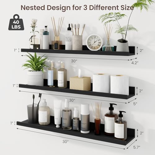Axeman 30 Inch Floating Shelves, Black Picture Ledge Shelf Set of 3
