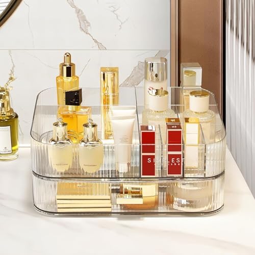 Clear Makeup Organizer for Vanity, Large Desk Organizer with Stackable Drawer for Cosmetics, Skincare, Lipsticks, Palett