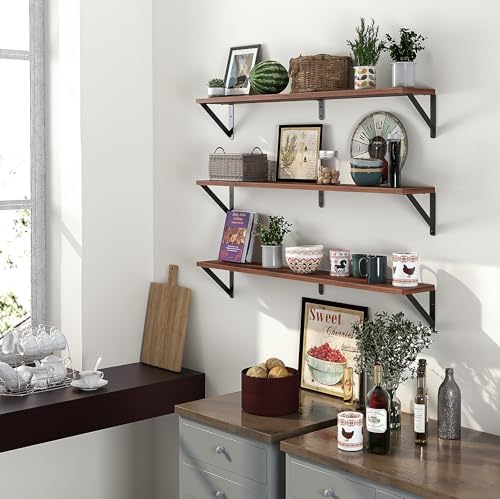 Heimlove Floating Shelves for Wall, 36 Inch Long Wood Floating Bookshelf Set of 3, Wall Mounted Hanging Shelf for Bathro