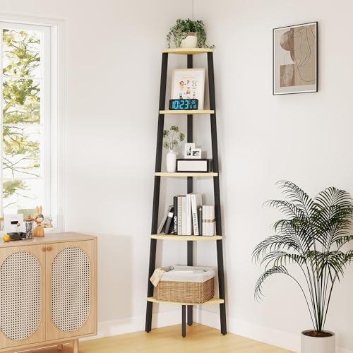 Corner Shelf, 5 Tier Ladder Corner Bookshelf, Natural Oak