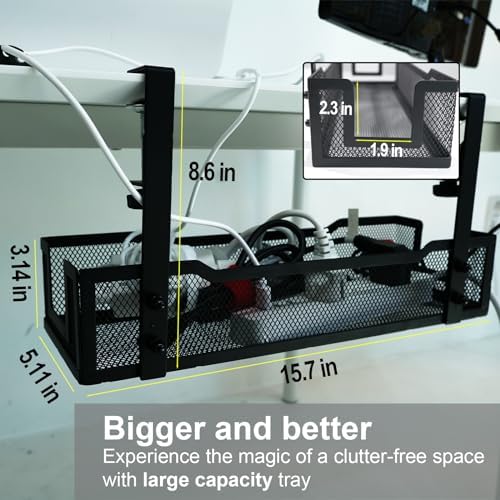 No Drill Under Desk Cable Management Tray with clamp-Premium Wire Tray Cord Organizer – Thin Steel Cable Tray Basket wit