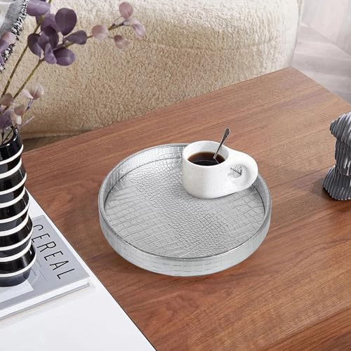 HofferRuffer Faux Leather Round Serving Tray, Vegan Croco Leather Decorative Tray, Food Tray for Storage Drinks, Snack &
