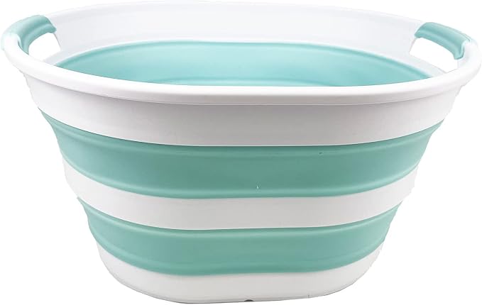 SAMMART 23L (6 Gallons) Collapsible Plastic Laundry Basket - Oval Tub/Basket - Foldable Storage Container/Organizer - Portable Washing Tub - Space Saving Laundry Hamper (White/Lake Green)