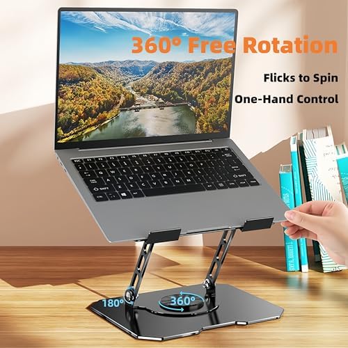Laptop Stand for Desk - Ergonomic All Metal Computer Riser, 360° Rotating & Adjustable & Foldable, with Large Hollow Coo