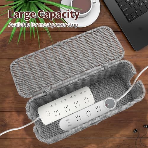 Cable Management Box, Desk Handwoven Rattan Cord Hider Cable Organizer Box With Lid Button Lock, Power Strip Cover Wicke