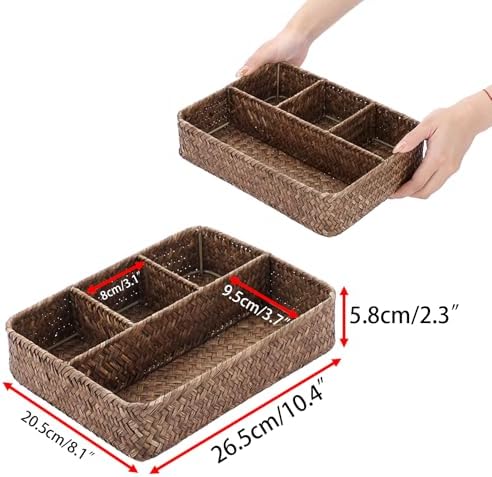 BTSKY Desk Drawer Organizer Tray, Coffee Station Organizer Tea Bag Organizer, Woven Seagrass Storage Basket with 4 Divided Sections Handwoven Wicker Basket for Shelves, Pantry, Coffee Bar (Coffee)
