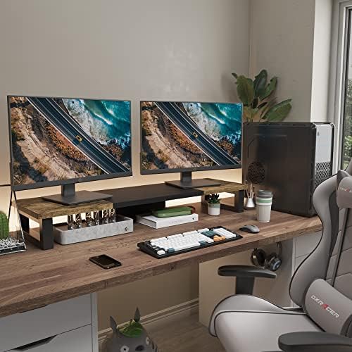 WESTREE Dual Monitor Stand Riser, Wood and Steel Multi-Purpose Desktop Storage Stand for 2 Monitors for Computer, Laptop
