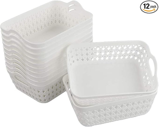 12-Pack White Plastic Woven Storage Basket Tray with Handle (Mini)