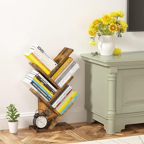 Hoctieon 4 Tier Tree Bookshelf, 4 Shelf Bookcase, Modern Book Storage, Free Standing Tree Bookcase, Utility Organizer Sh