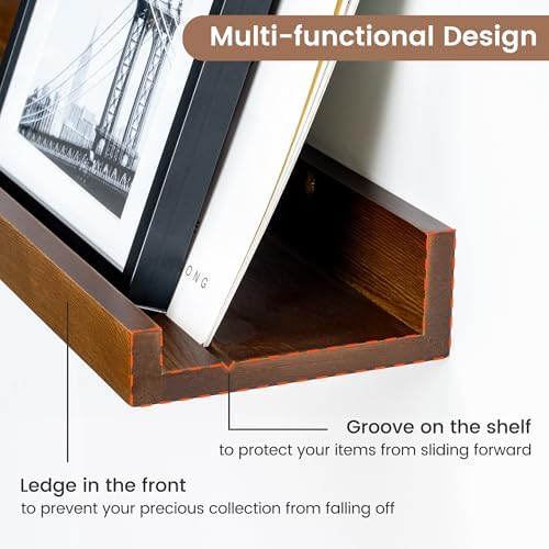 FLYJOE Picture Ledge Wall Shelves - Set of 3, 56 inches Width, Solid Pine Wood Rustic Floating Ledge Shelves for Kids' Room, Bedroom, Kitchen, Bathroom, Walnut