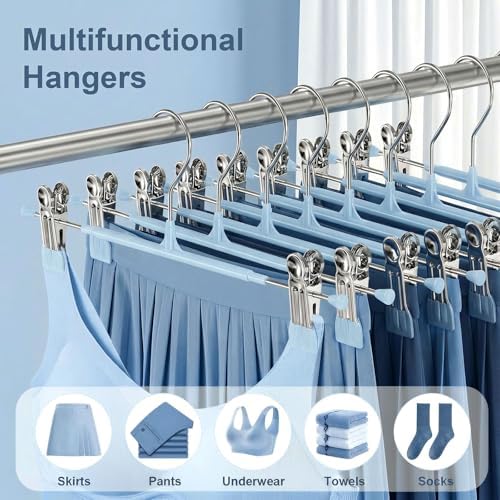 POZEAN Pants Hangers with Clips for Women 50 Pack, 12Inch Adjustable Heavy Duty Skirt Hangers, Space Saving Non-Slip Shorts Jeans Trousers Clothes Hangers, Blue