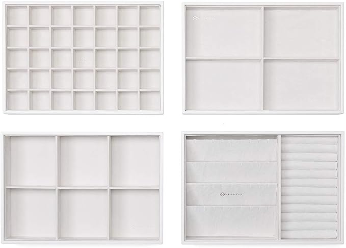VLANDO Stackable 4-Layer Jewelry Tray - Multipurpose Jewelry Accessories Display Storage and Organizer for Earring Necklace Bracelet Ring, White with Clear Lid