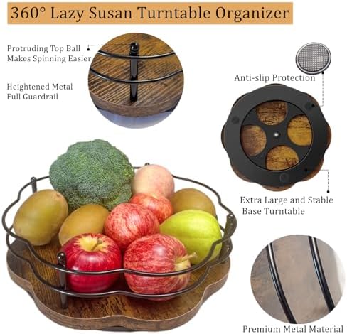 2 Pack, 11" & 12" Wooden Lazy Susan Turntable with Higher Metal Sides, 360° Rotating Lazy Susan Organization and Storage